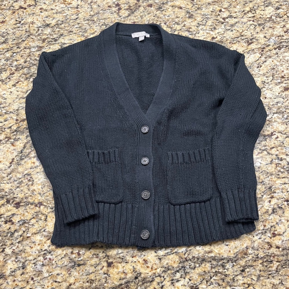 J.Crew Black Chunky Knit Cardigan Sweater Button Front V-Neck Women XXS